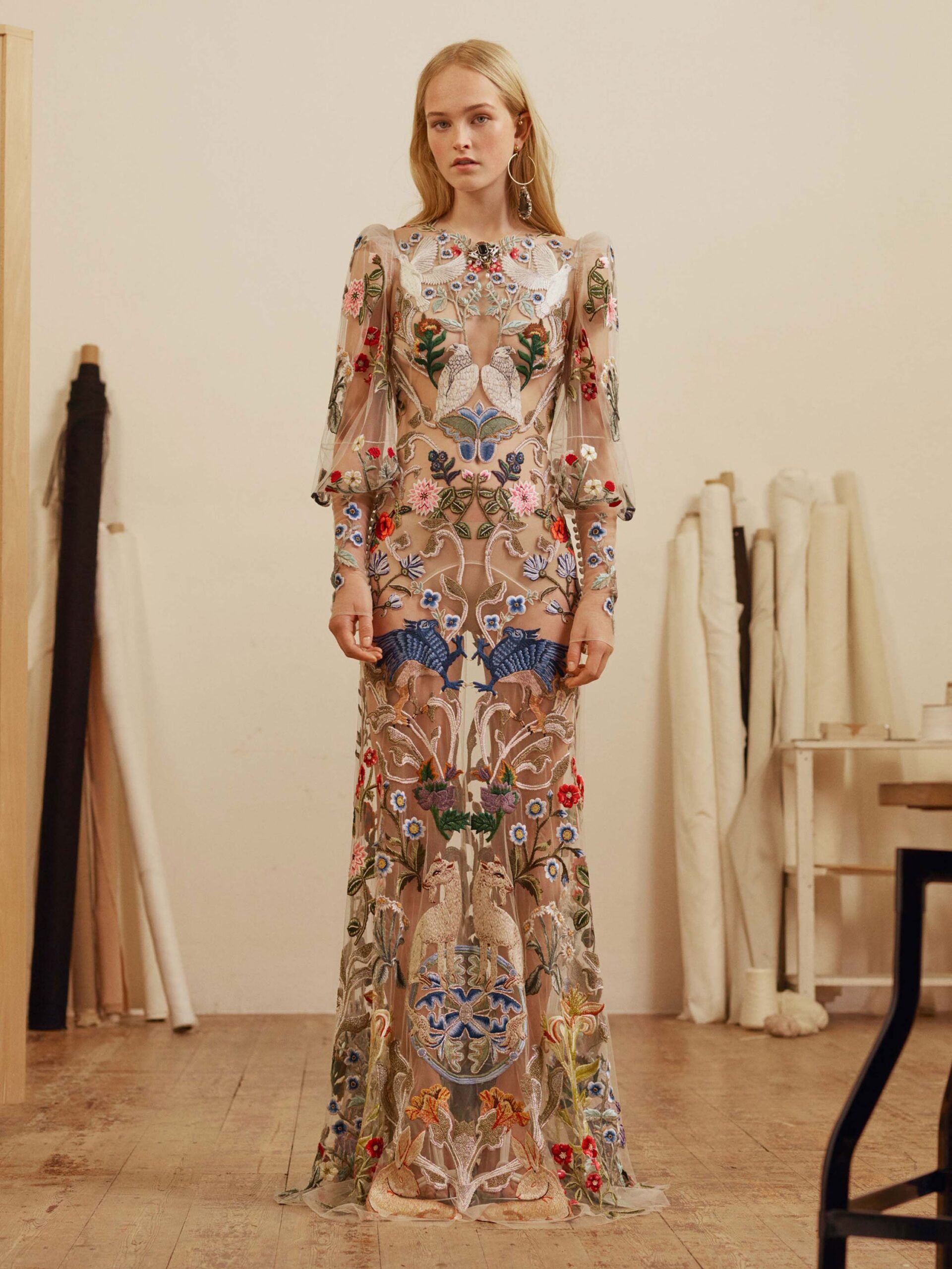 beige silk embroidered gown
