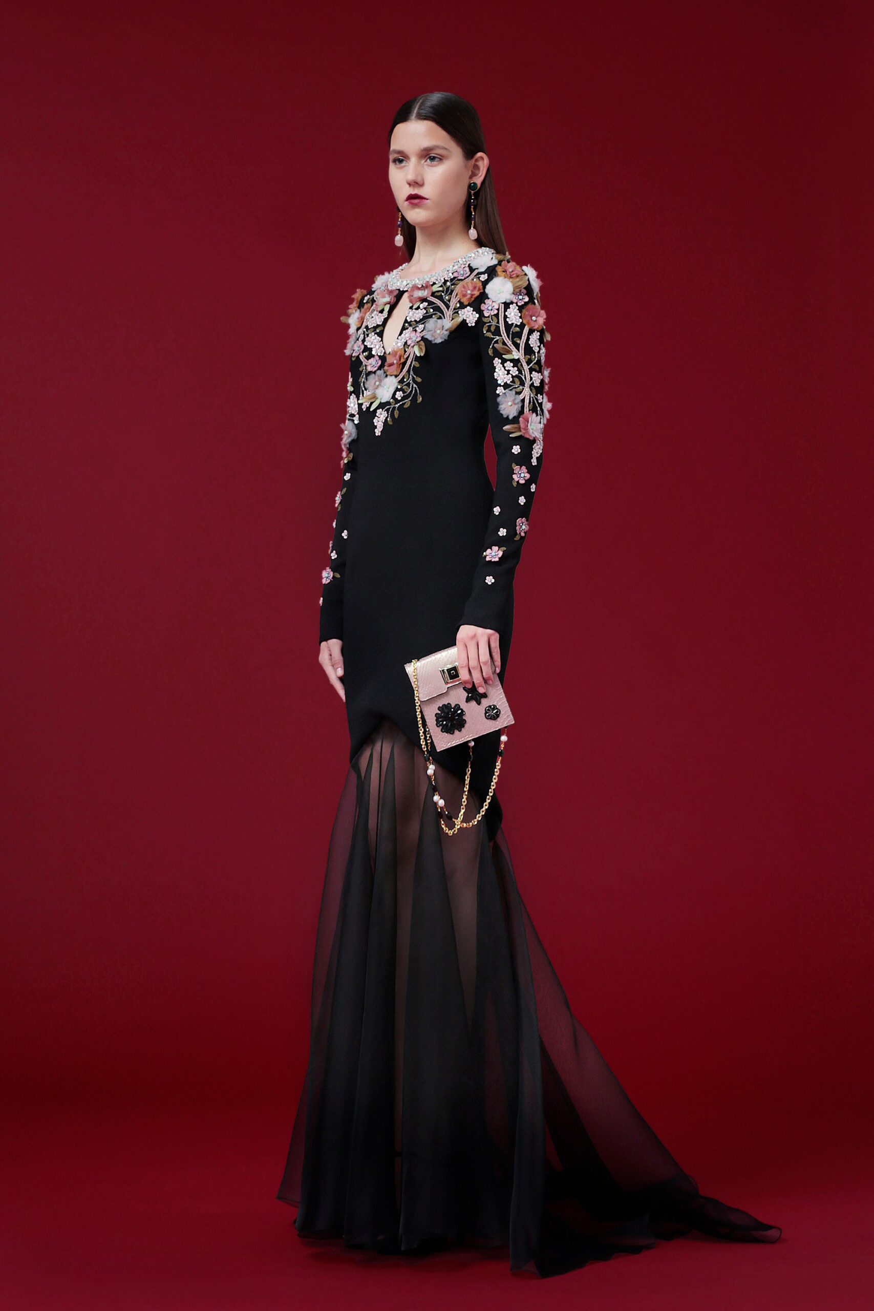 black silk embellished gown