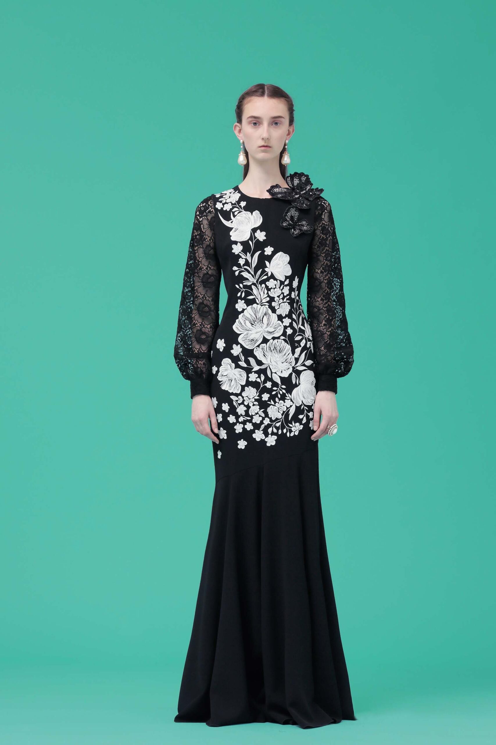 black floral embroidered gown
