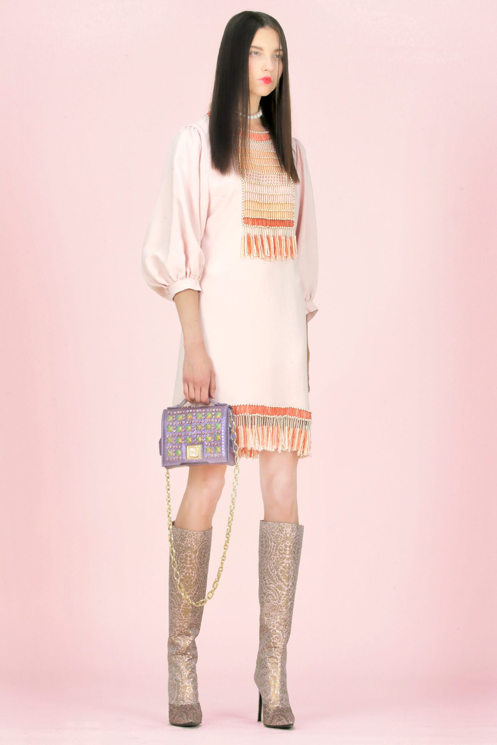 pink cotton long-sleeve collared fitted fringed short dress
