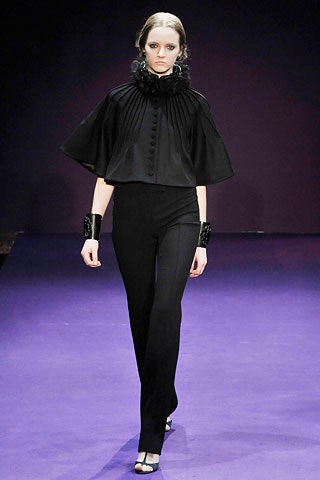 black silk pleated top with fitted pants