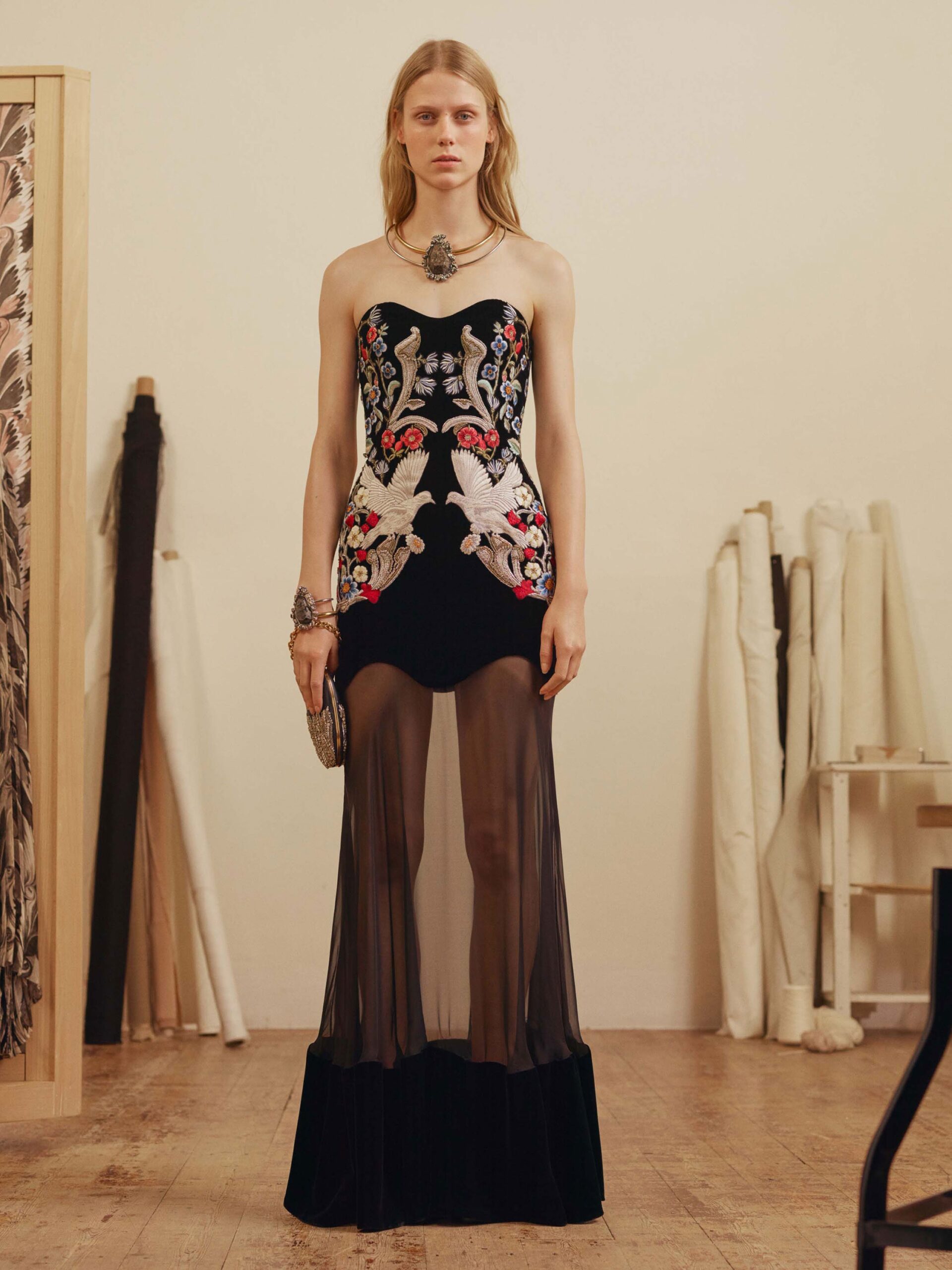 black embroidered strapless gown