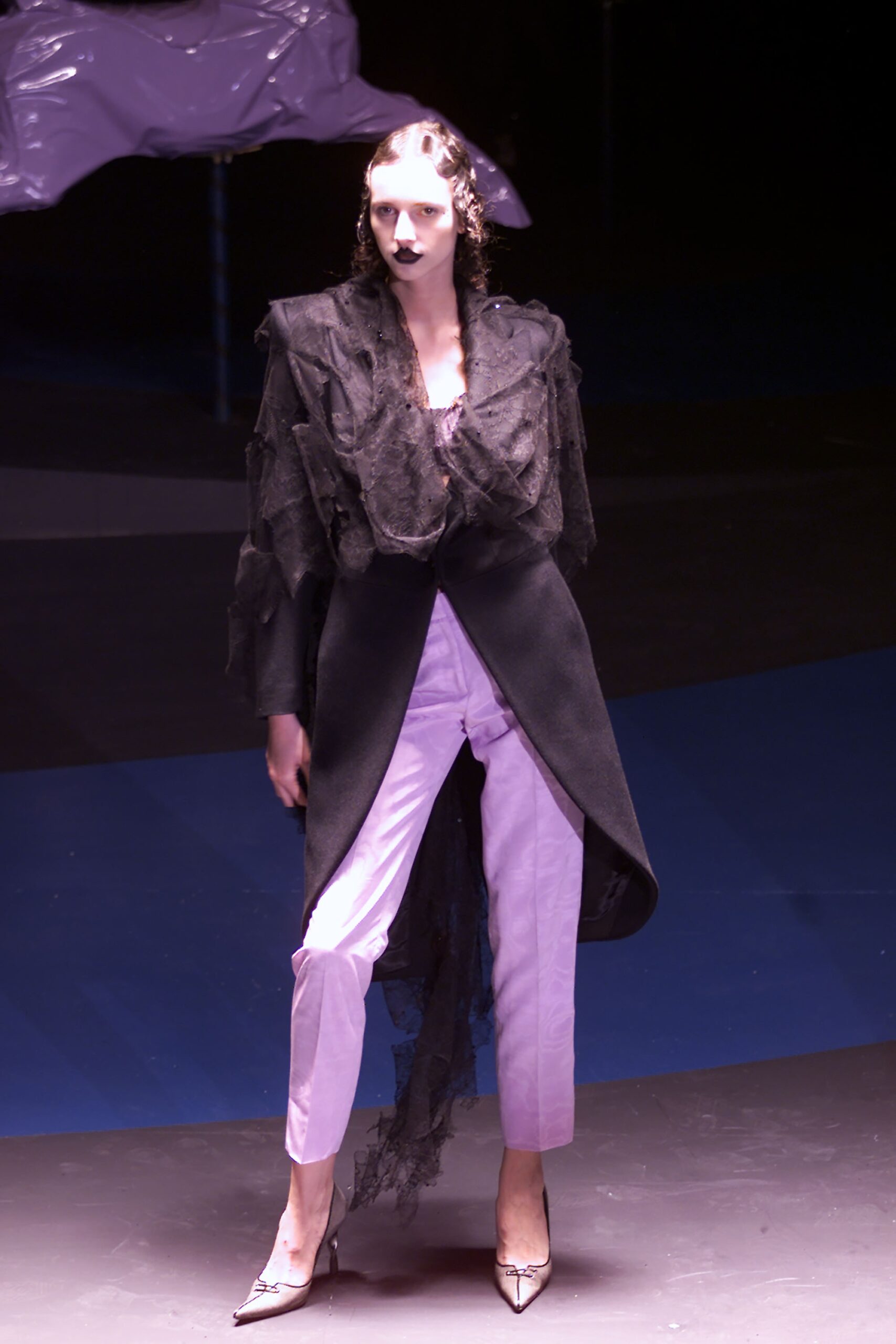 black lace long-sleeve relaxed layered draped coat