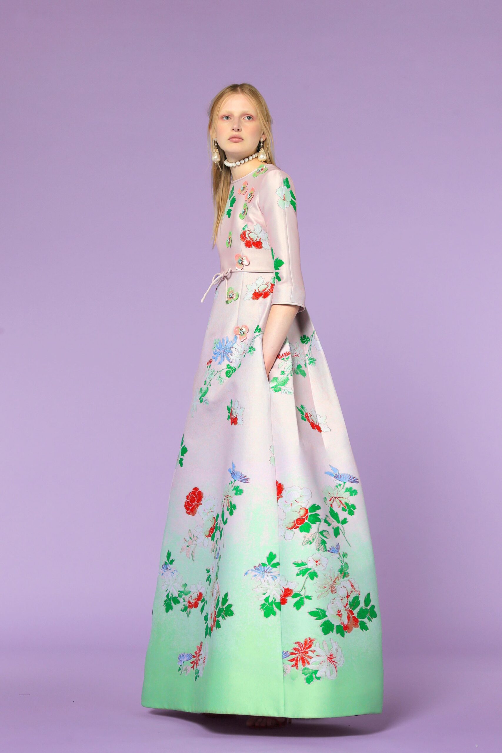 pink silk long-sleeve gown