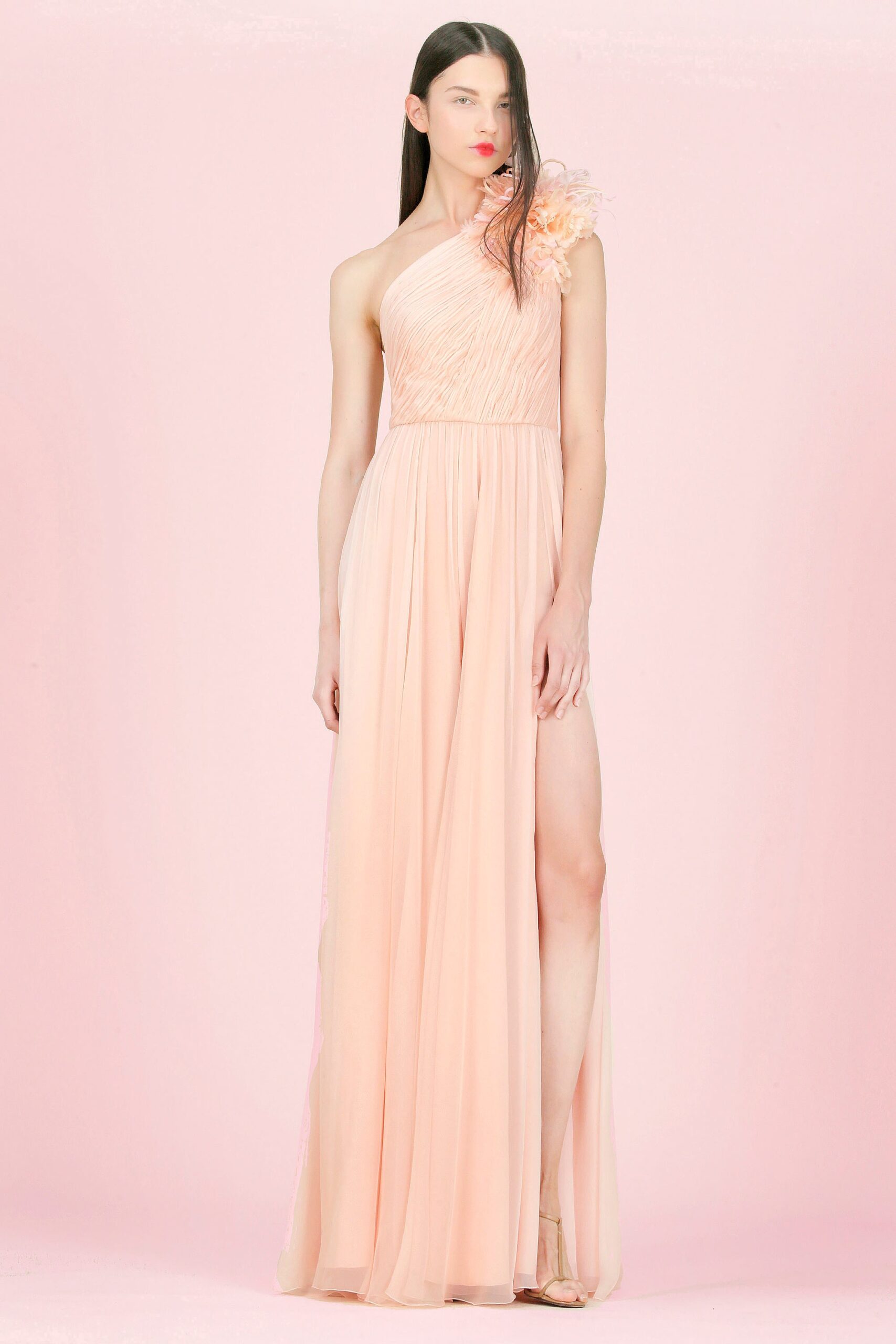 pink chiffon sleeveless gown