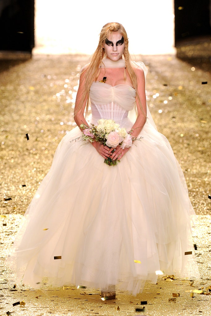 white strapless tiered gown
