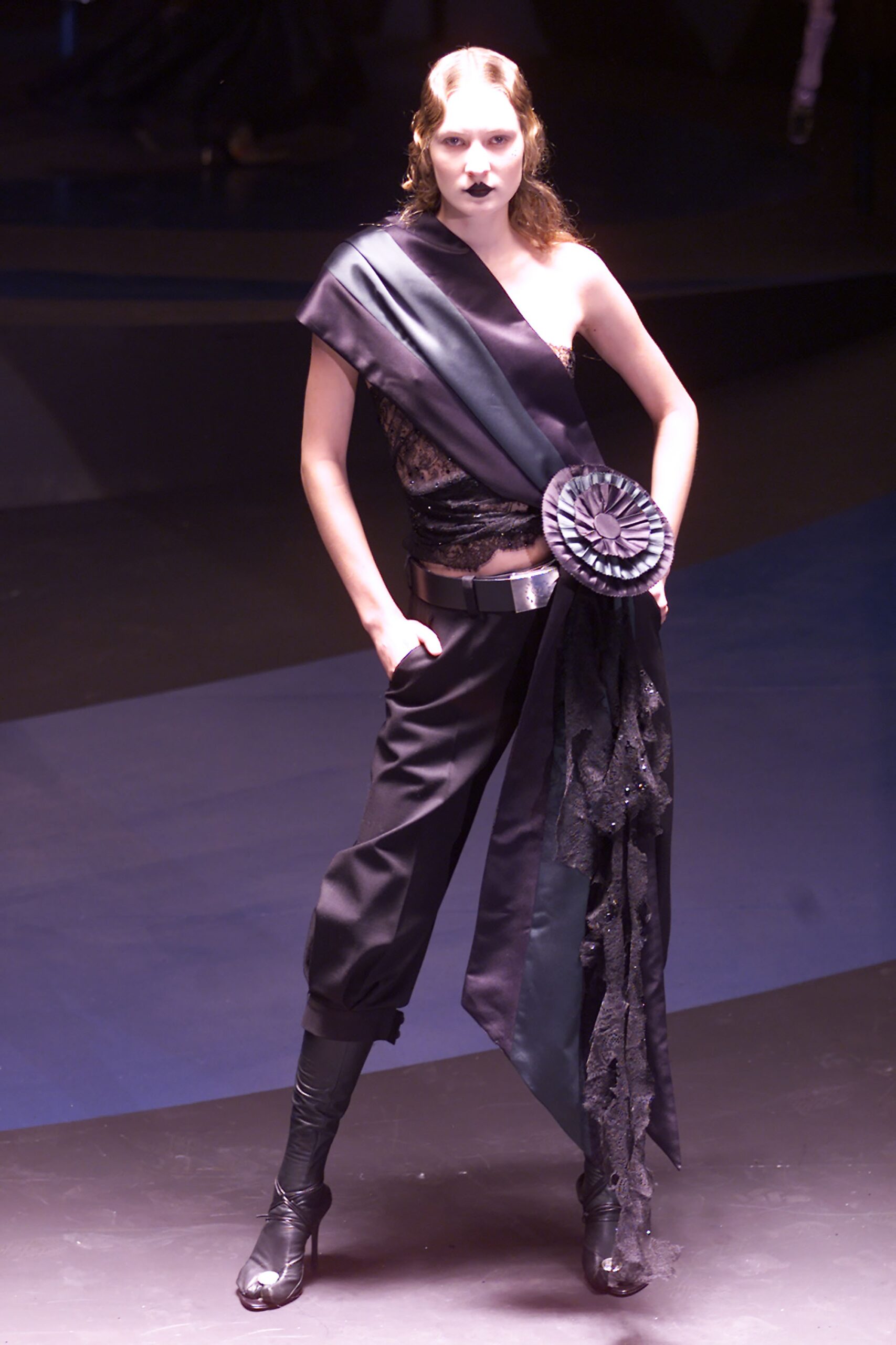 black fitted pants and asymmetric top