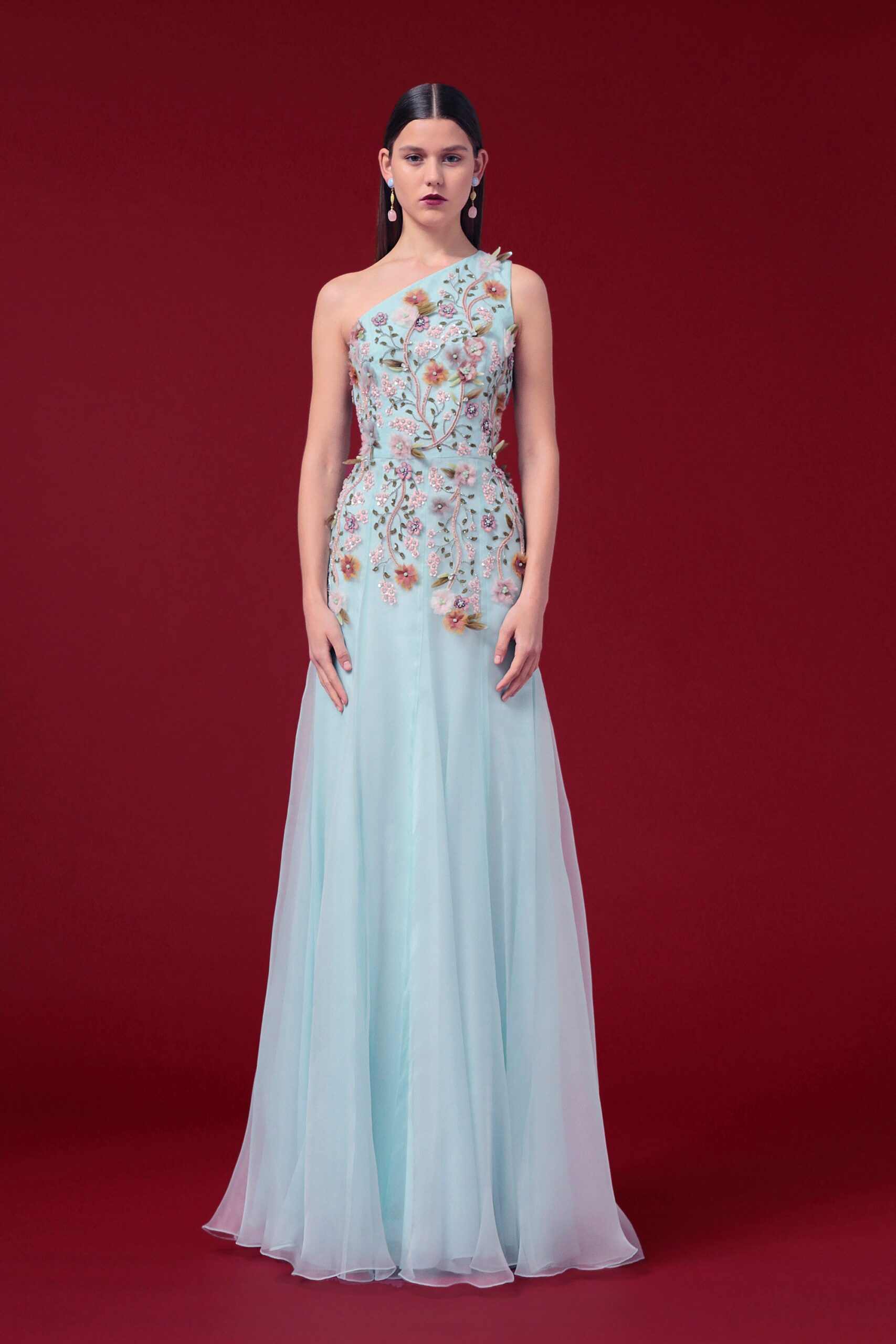 blue silk embroidered gown