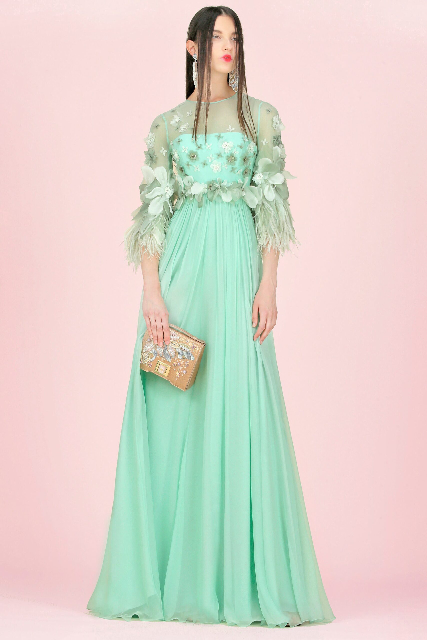 green chiffon long-sleeve square-neck fitted embroidered layered gown