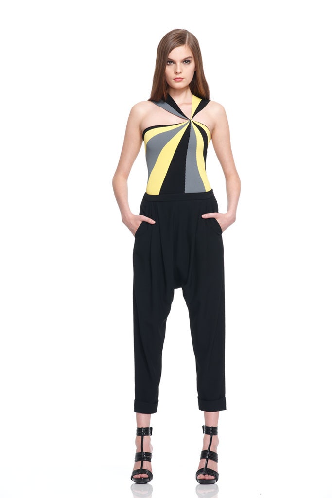 color-blocked bodysuit with relaxed pants