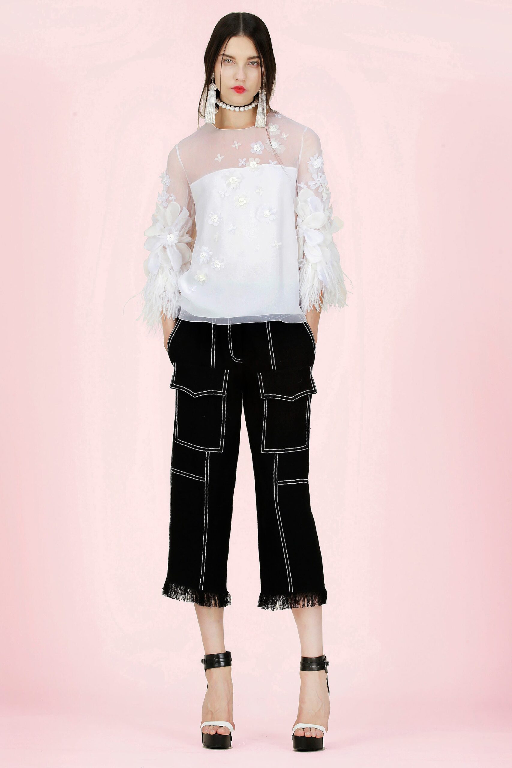 white chiffon long-sleeve collared relaxed embroidered layered top