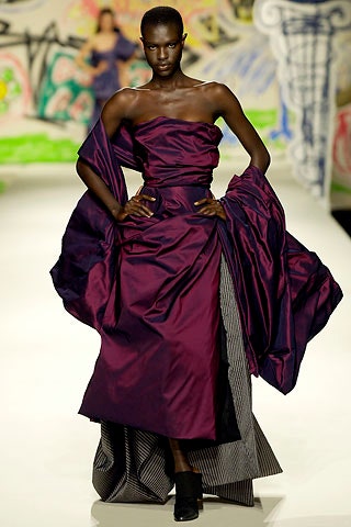 purple silk strapless gown