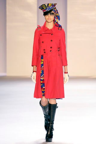 red cotton long-sleeve collared fitted belted layered trench