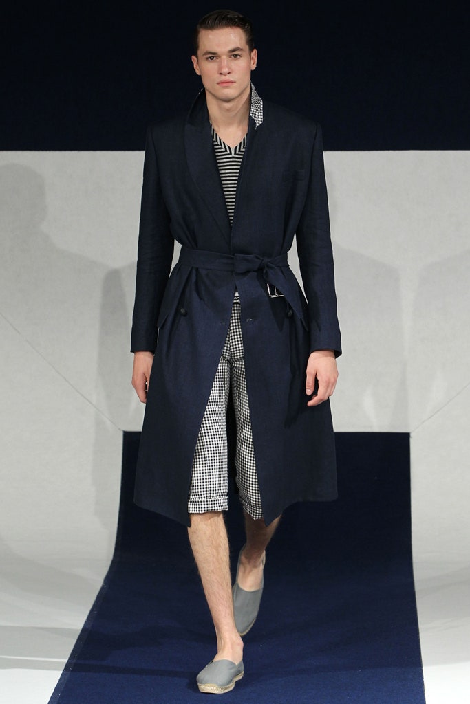 blue cotton long-sleeve collared relaxed belted draped coat