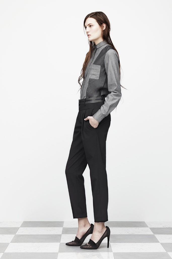 gray fitted shirt black tailored pants