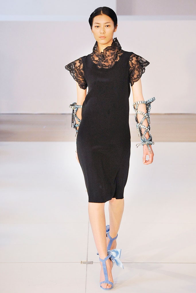 black silk short-sleeve high-neck fitted pencil midi dress