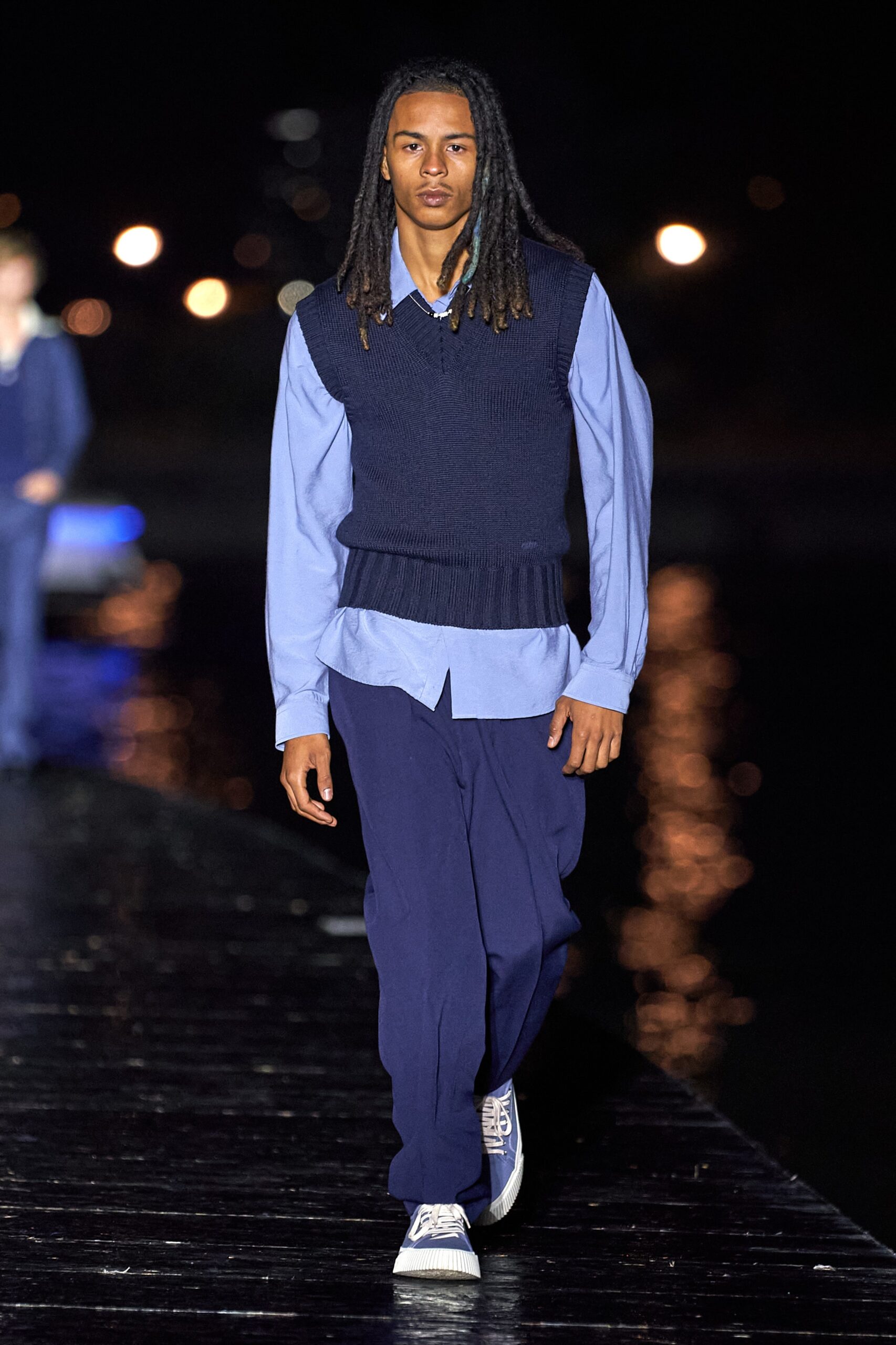 navy vest light blue shirt tailored pants