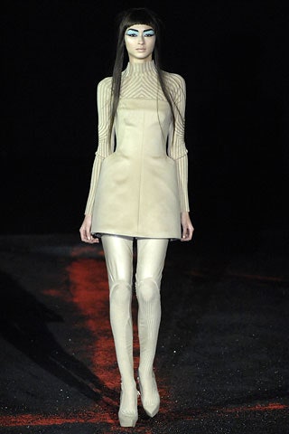 beige fitted leather mini dress