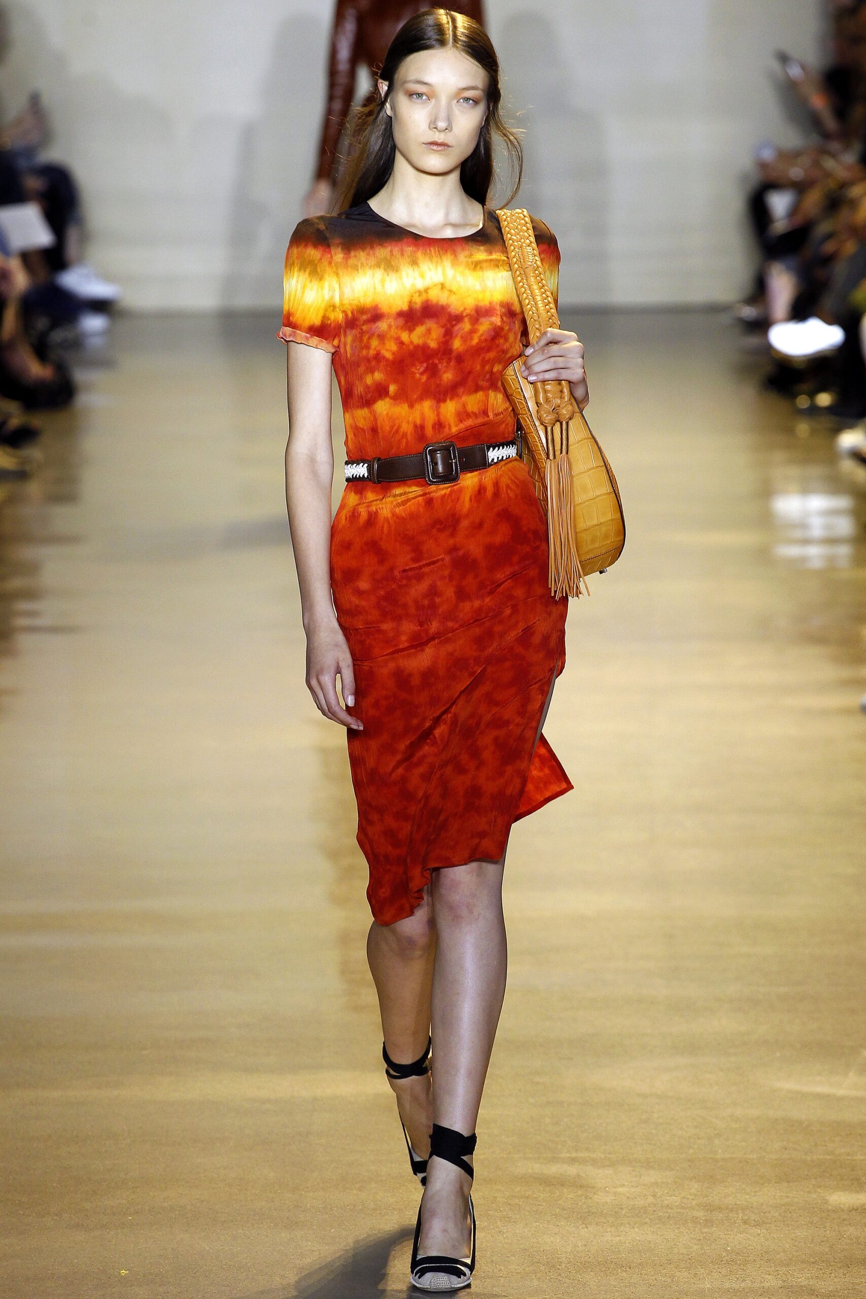 orange cotton short-sleeve scoop-neck fitted draped midi dress