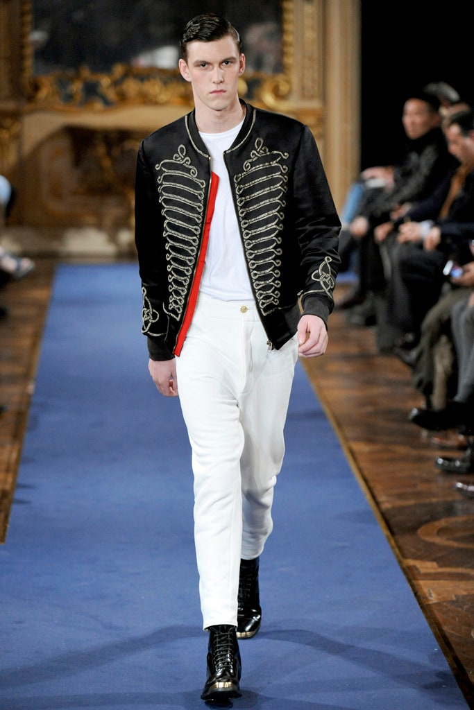 black embroidered jacket with white t-shirt