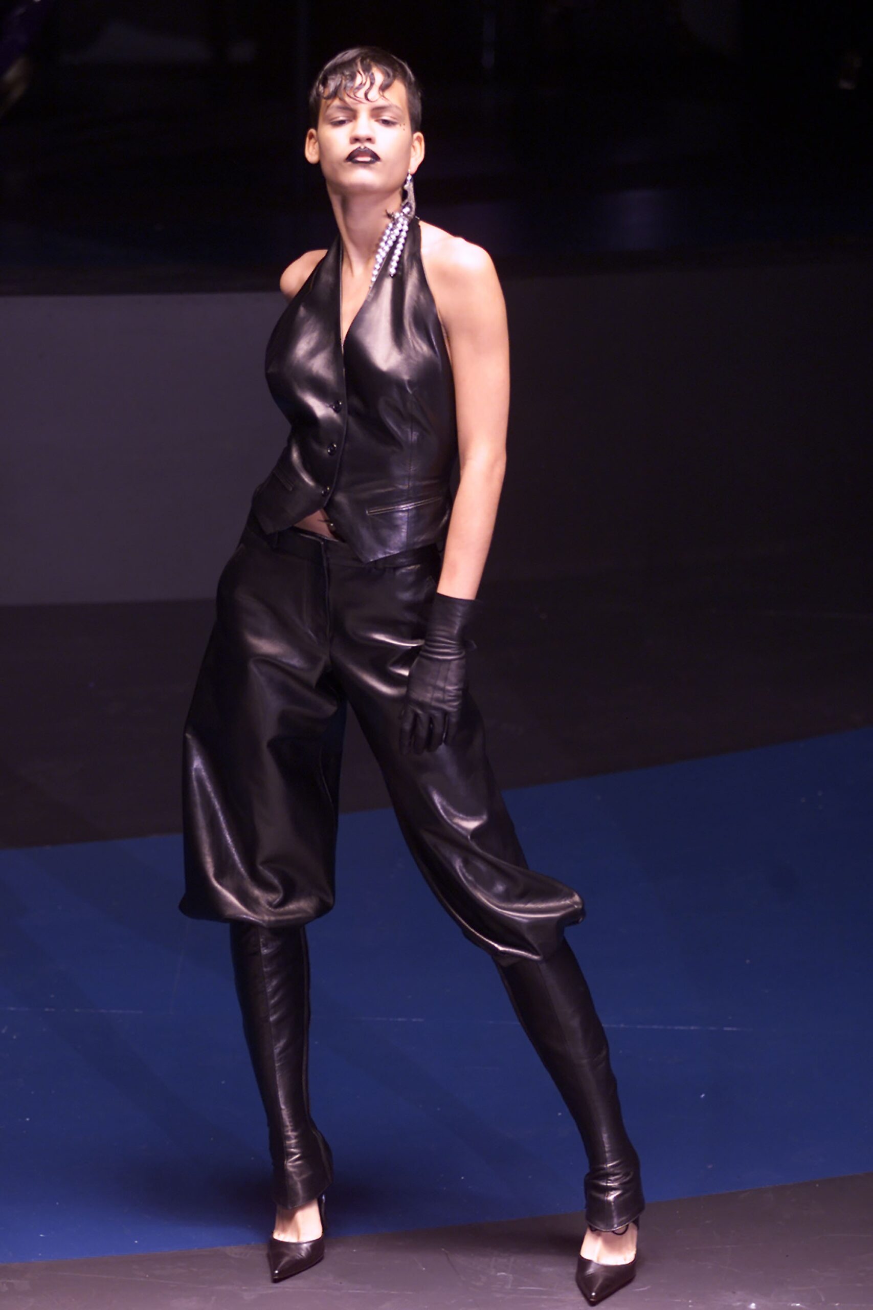black leather fitted top and pants