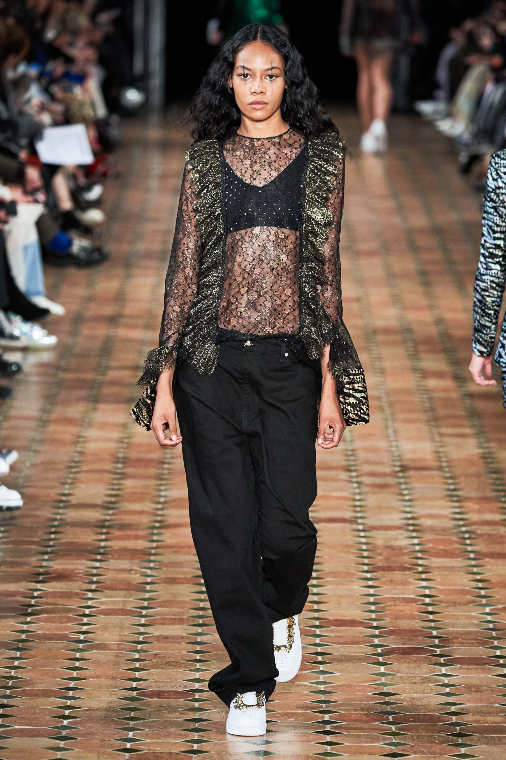black lace top with relaxed pants