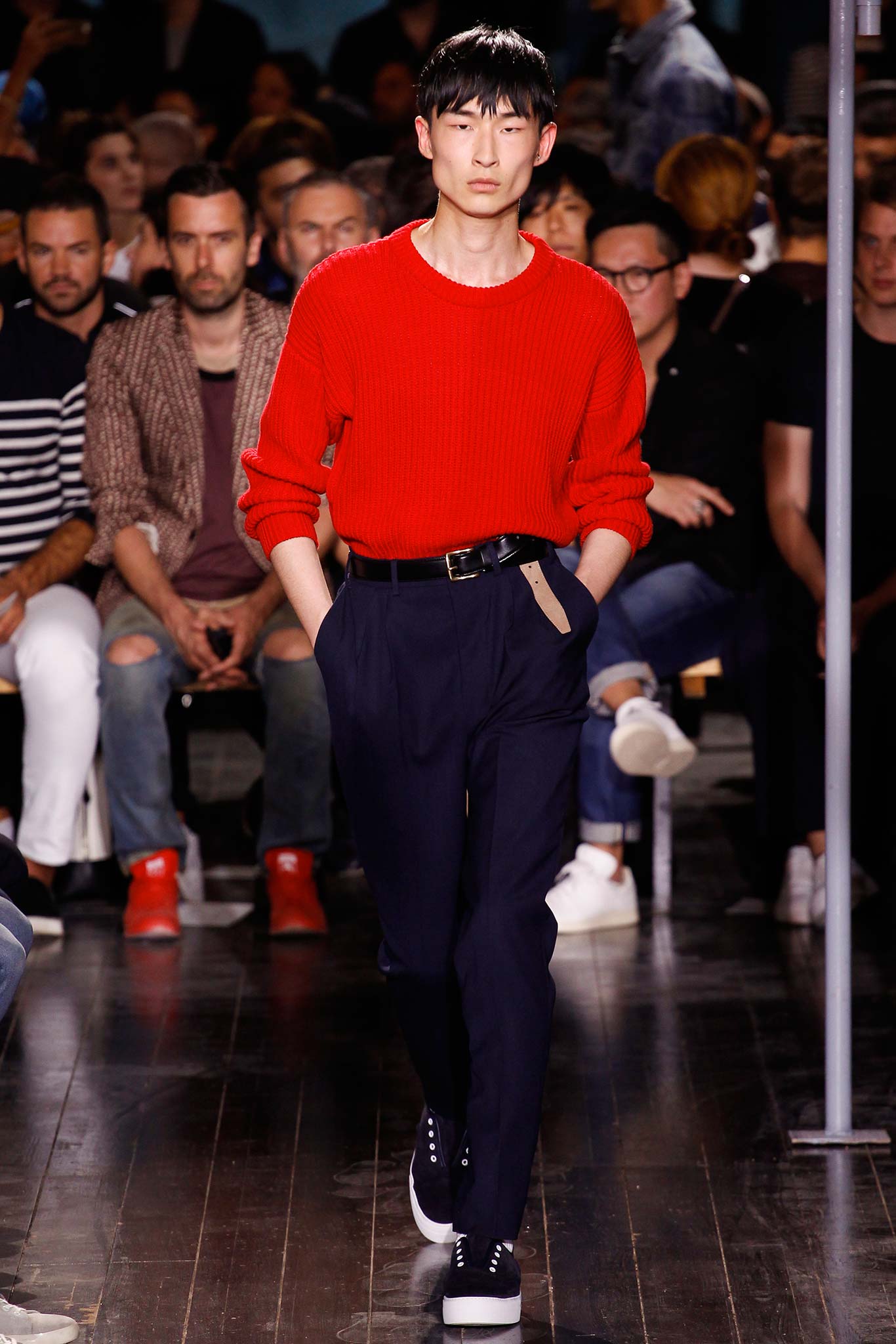 red wool sweater with navy pants