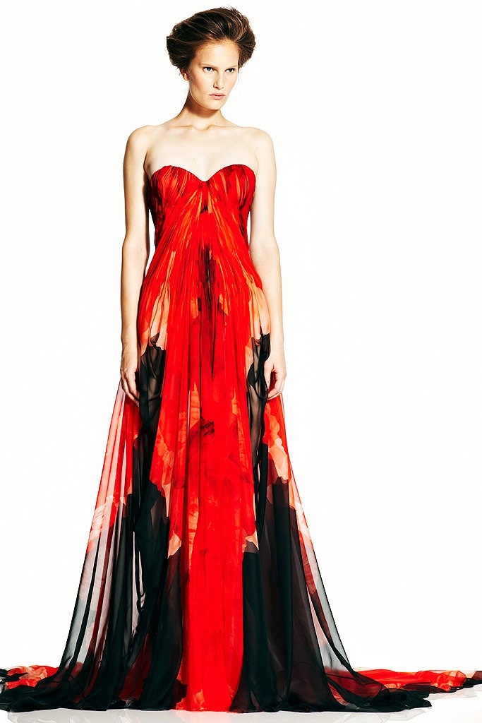 red and black strapless gown