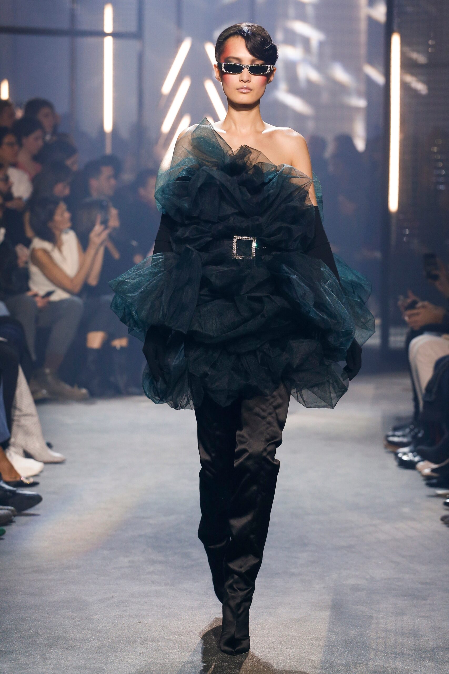 black tulle sleeveless off-shoulder fitted tiered flowing dress