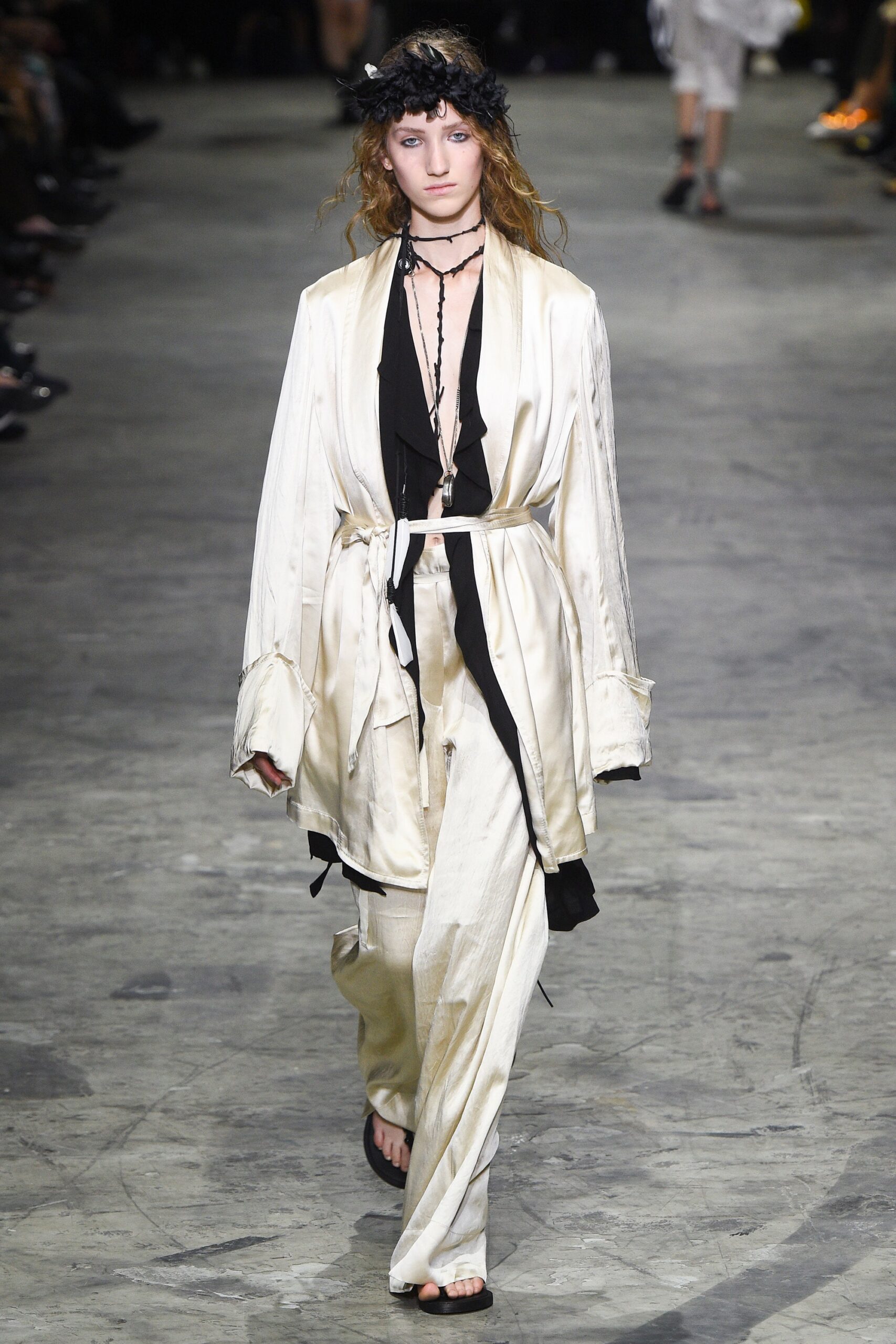 white silk relaxed jacket and pants