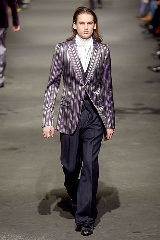 striped purple tailored blazer with slim pants