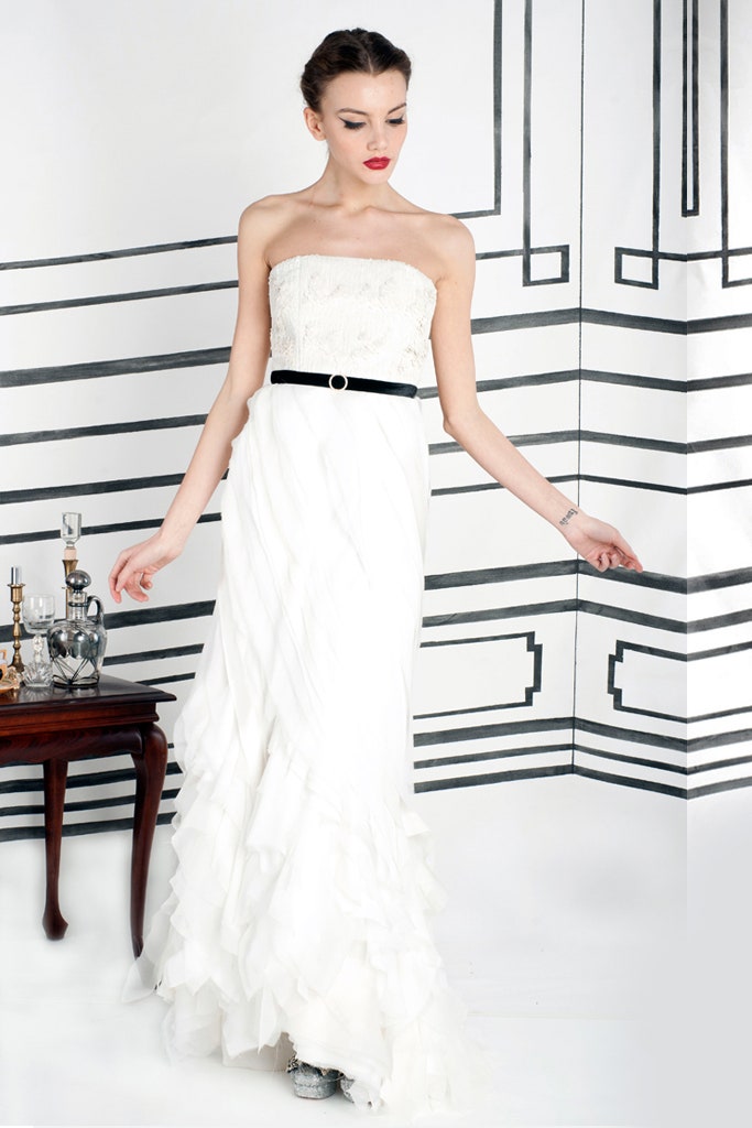 white strapless ruffled gown