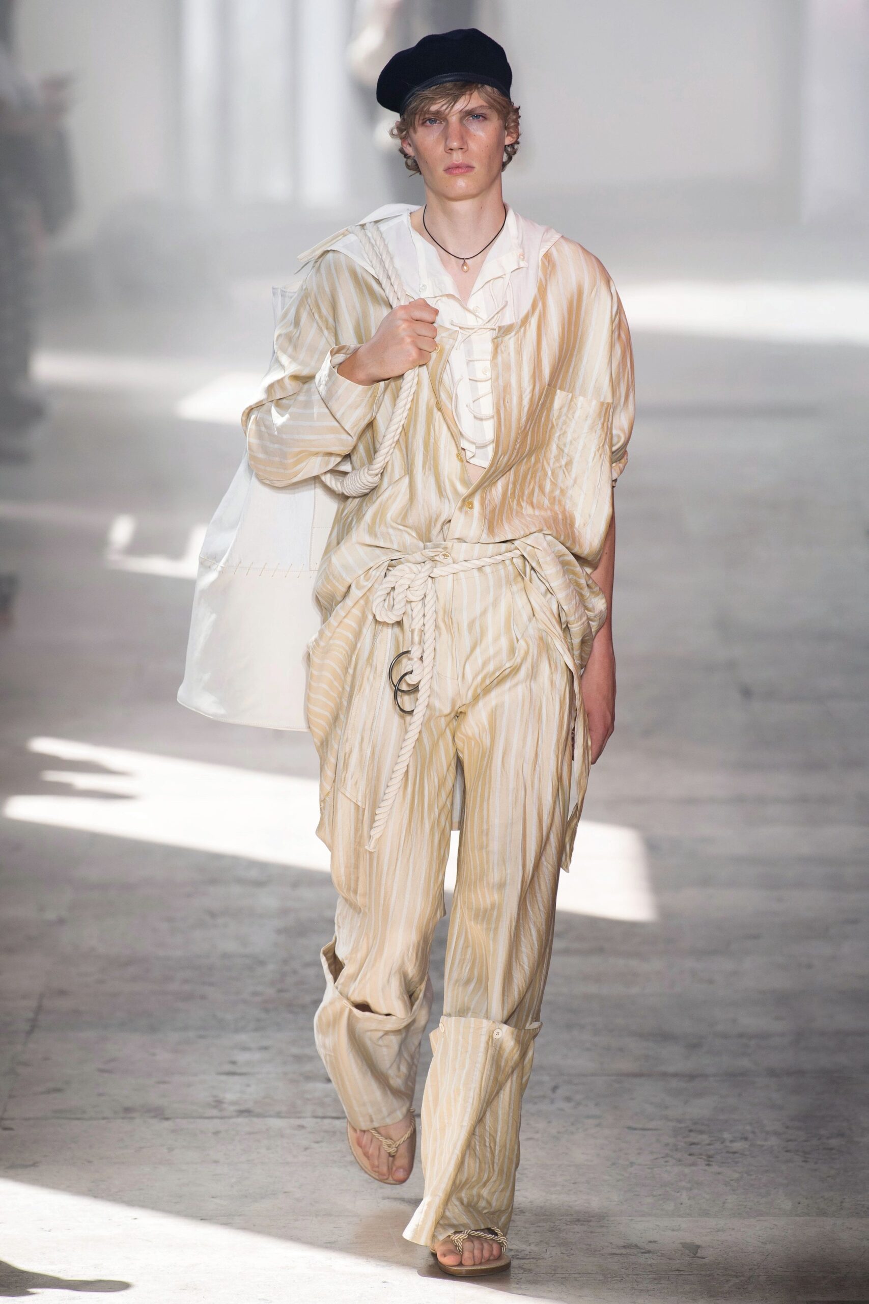 beige striped shirt and pants