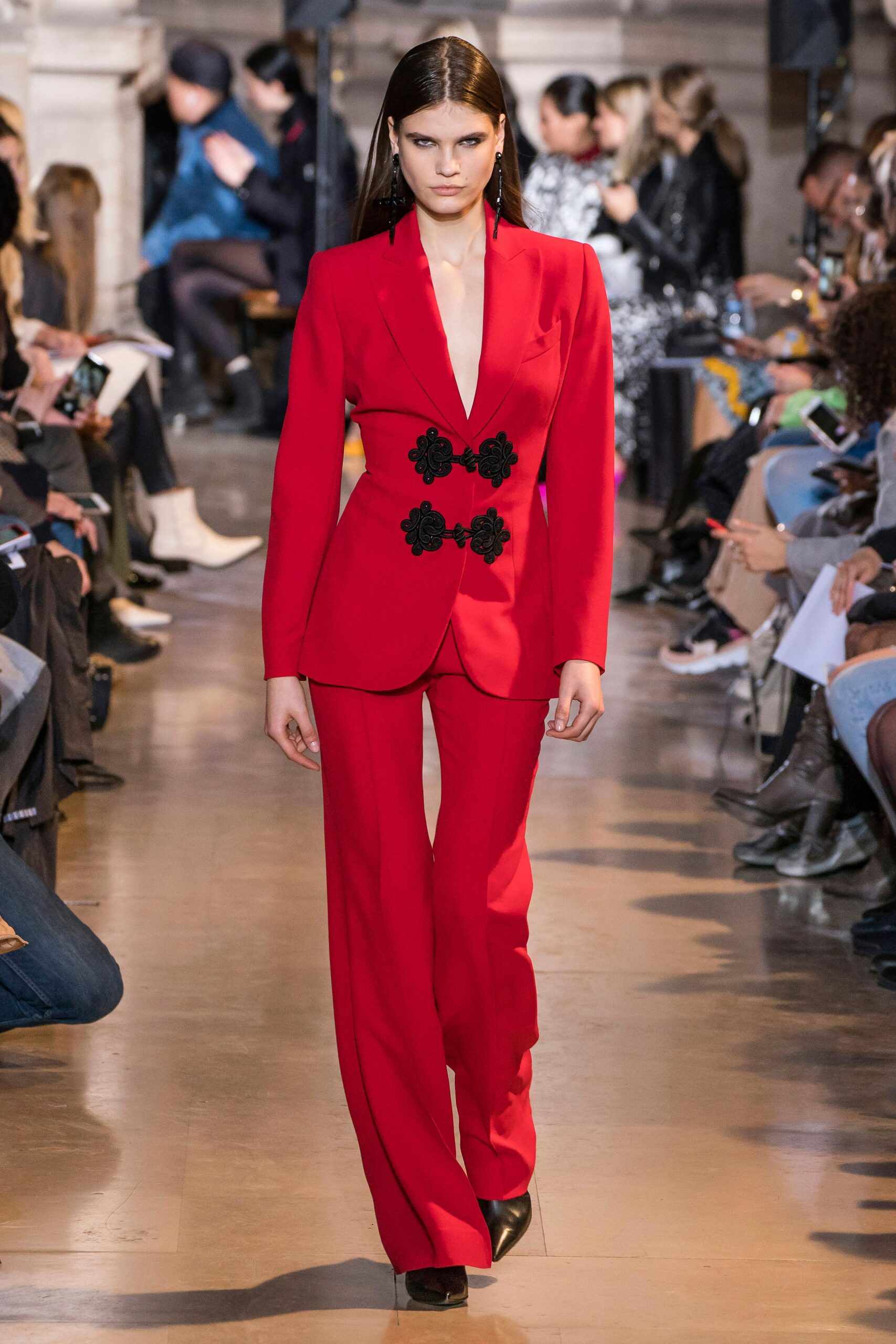 red tailored suit