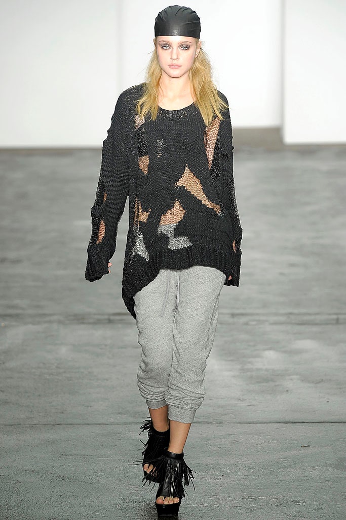 black knit sweater gray pants