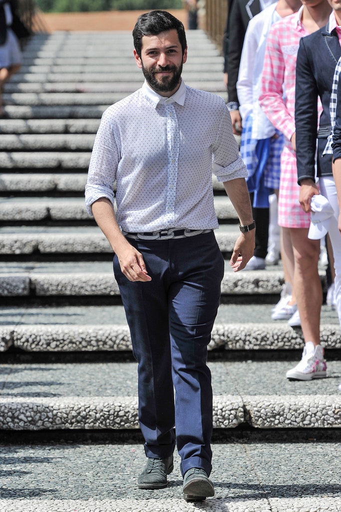 blue cotton tailored straight-leg pants