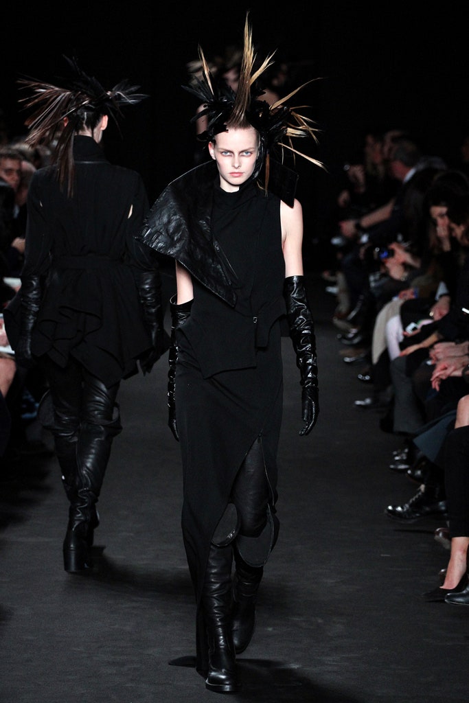 black leather fitted dress with gloves