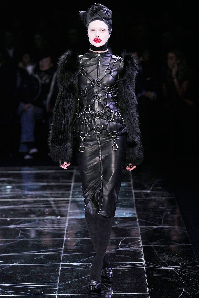 black leather midi dress with faux-fur cape