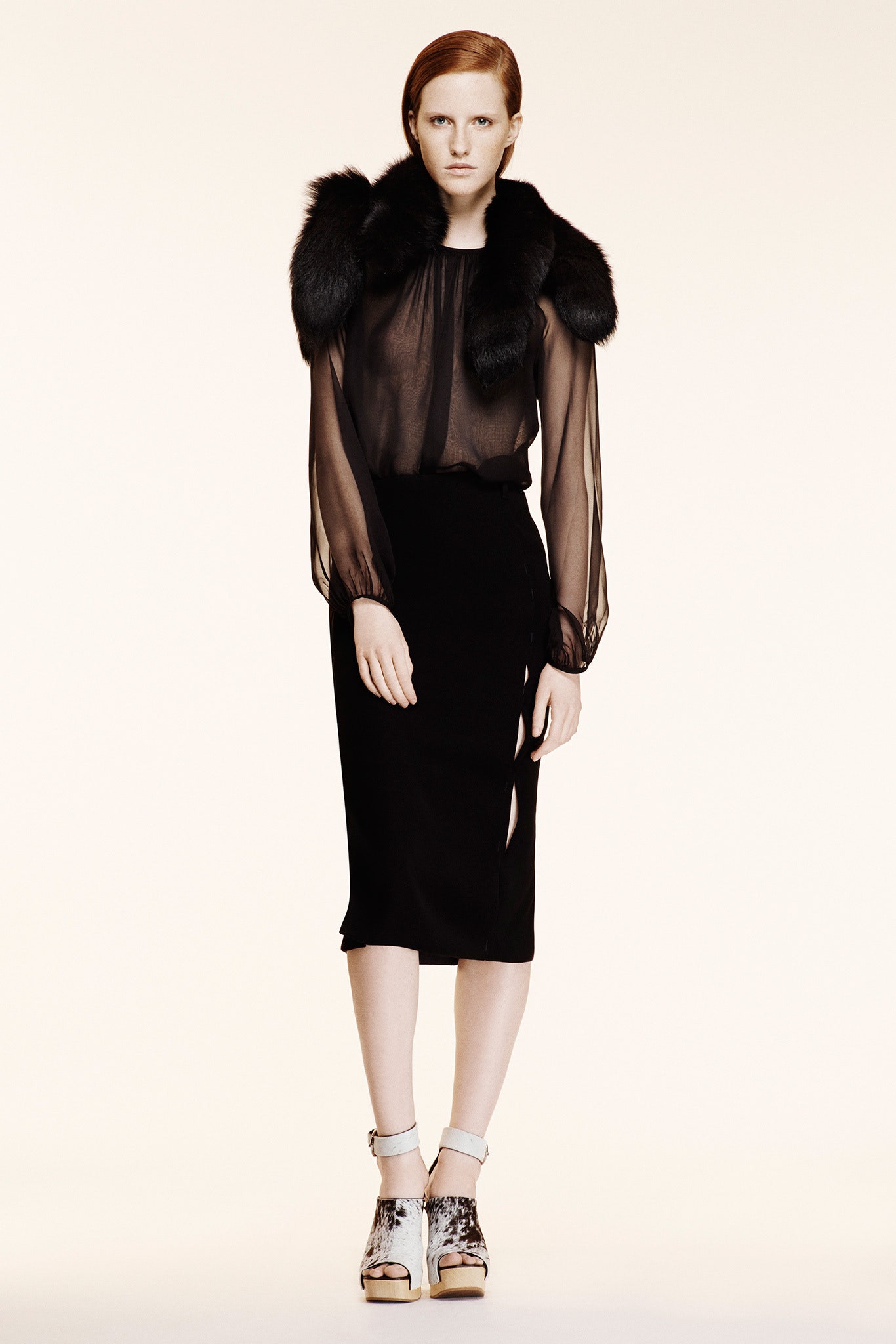 black silk long-sleeve high-neck fitted sheer flowing blouse