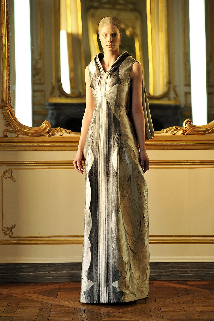 gray and black silk gown