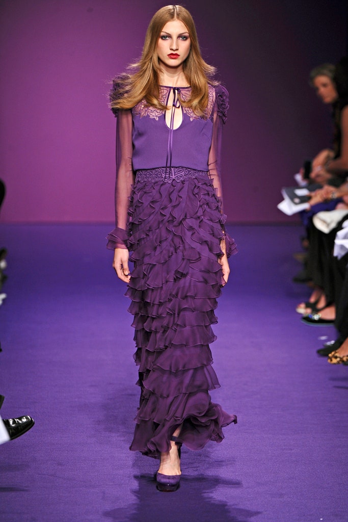 purple silk ruffled gown