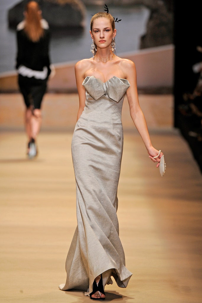 fitted gray silk gown