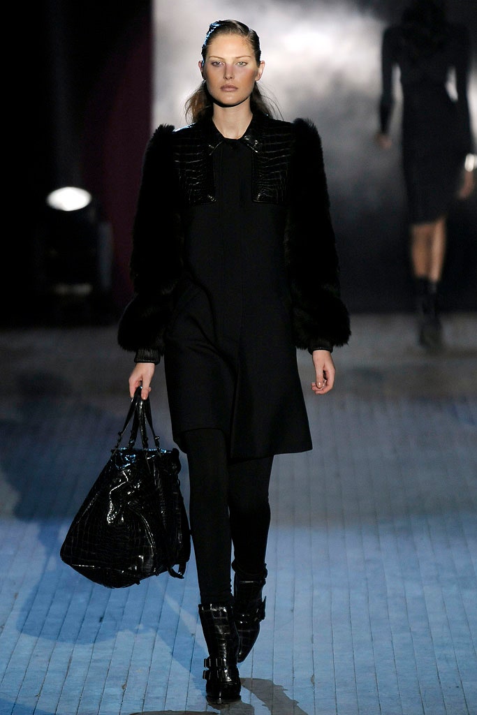 black fitted midi dress with faux-fur coat