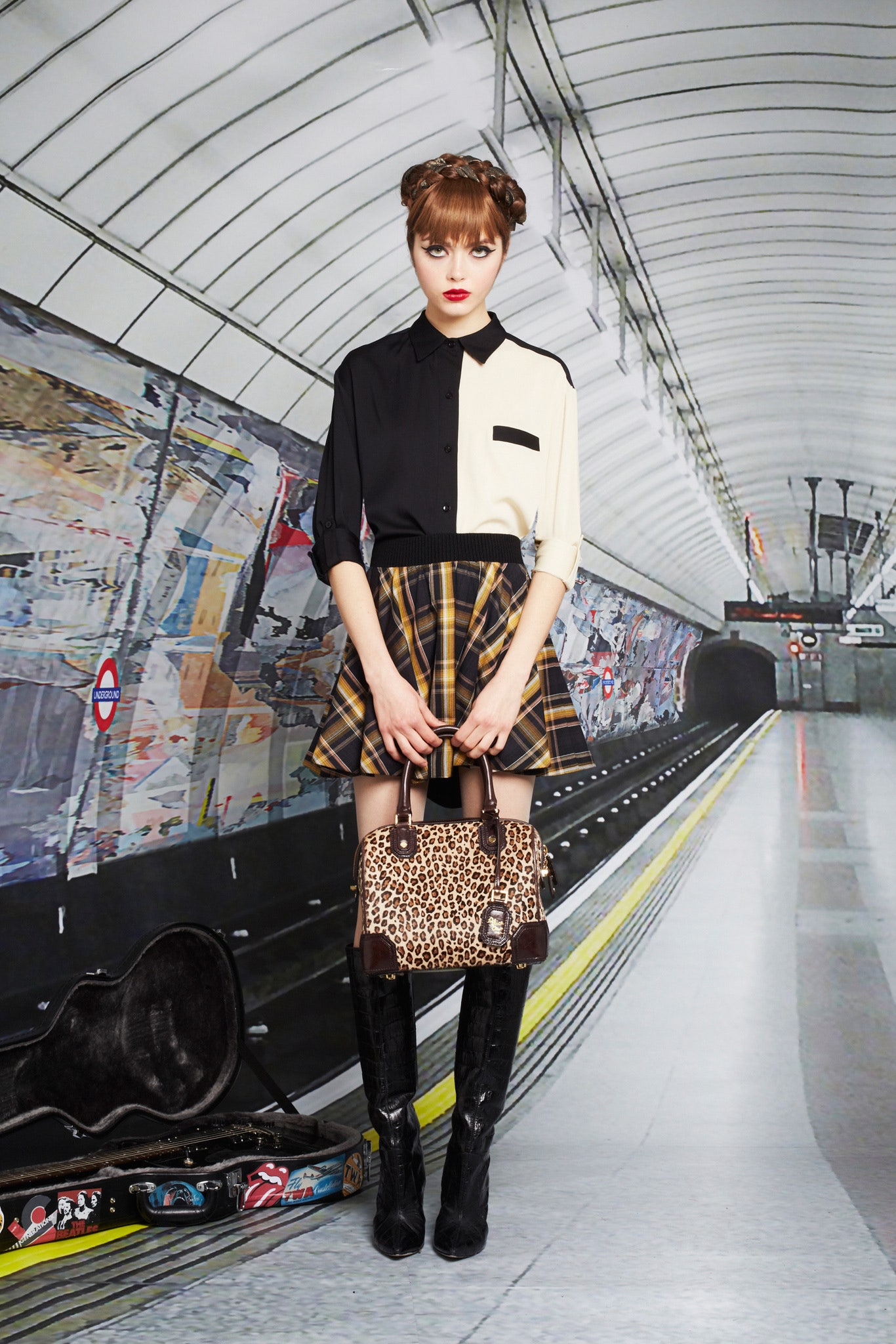 black and white shirt with pleated skirt