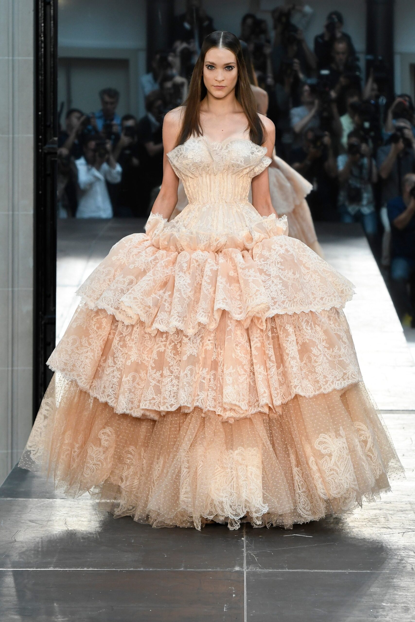 peach lace tiered gown