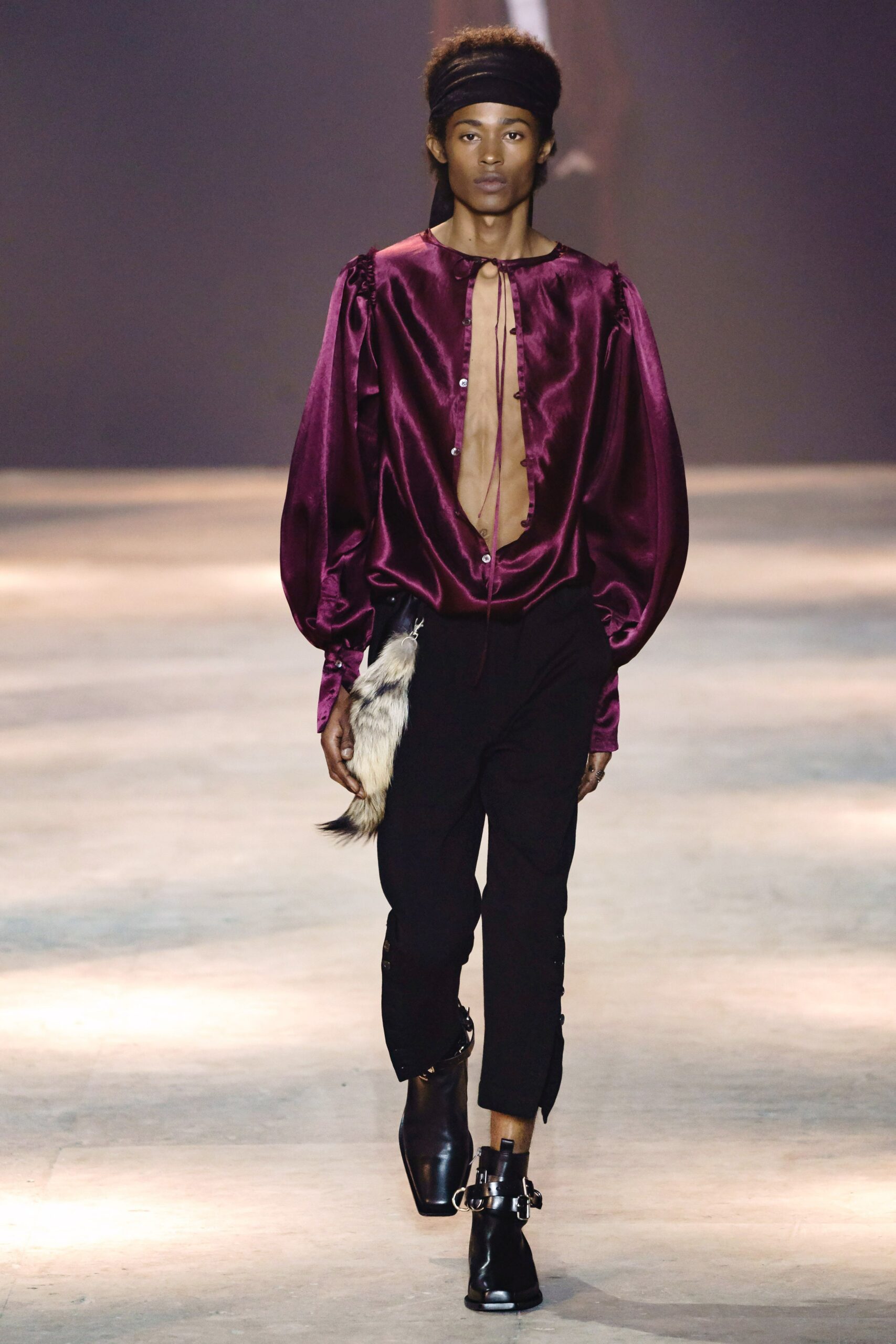 purple silk long-sleeve collared relaxed buttoned shiny shirt