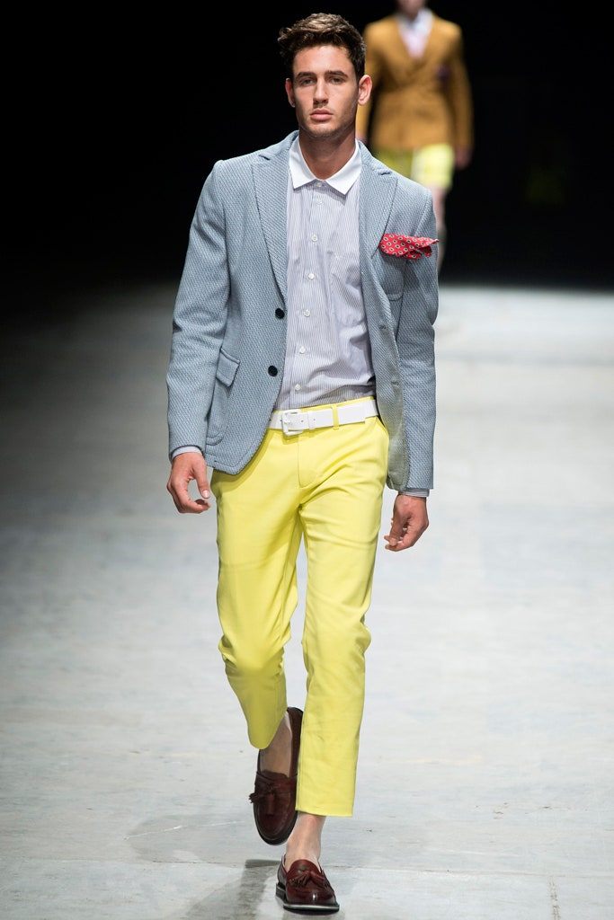 blue tailored blazer with yellow pants