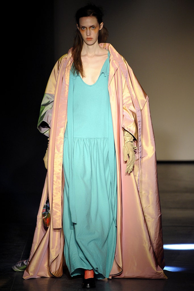 blue cotton tiered gown with pink cape