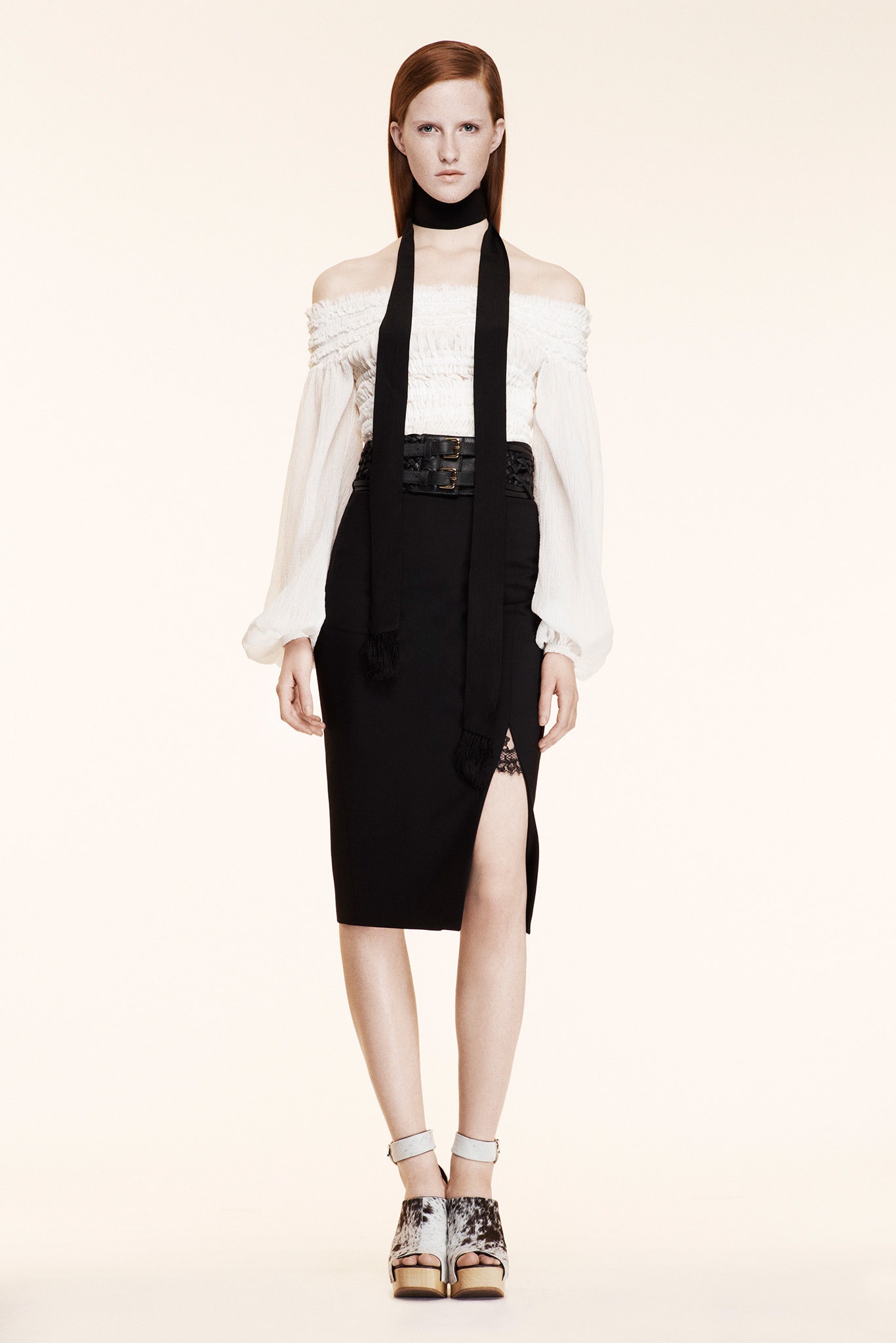 white silk long-sleeve off-shoulder fitted ruffled blouse