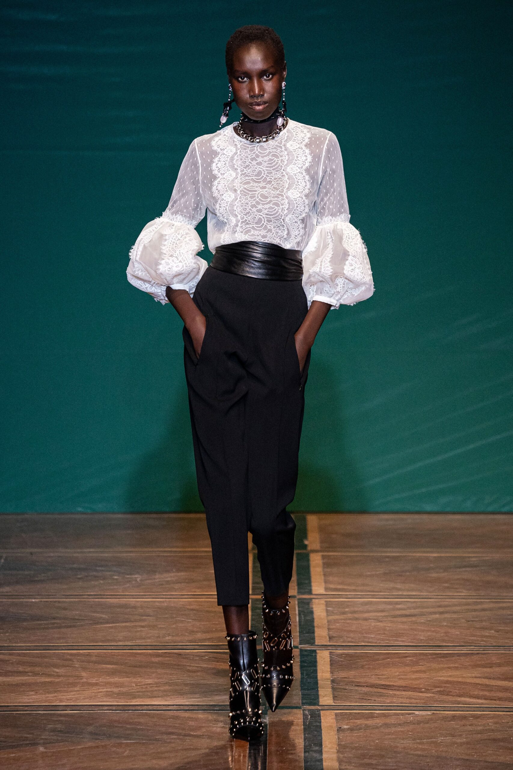 white lace blouse black tailored pants